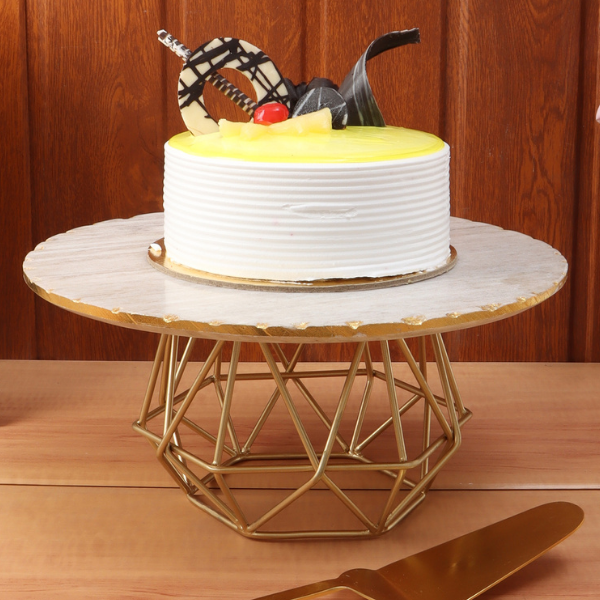 NikkisPride Cake Stand With Gold Finish Metal Base White Marble Top with Cake Cutlery Set of 3